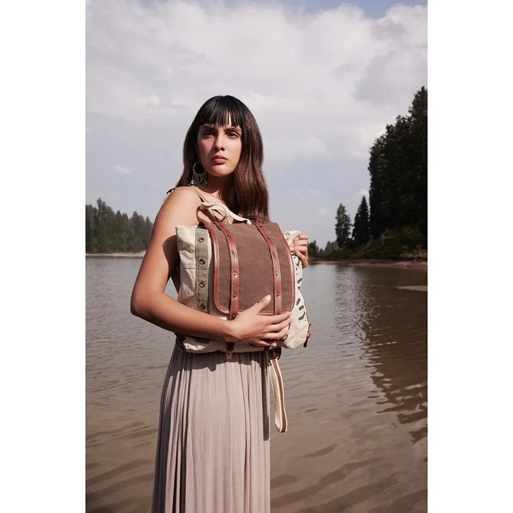 Myra Bag Handmade Army Backpack Upcycled Canvas & Cowhide Leather - Picture 10 of 10